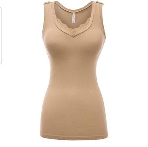 Beige deep Vneck lace detail sexy low-cut tank top